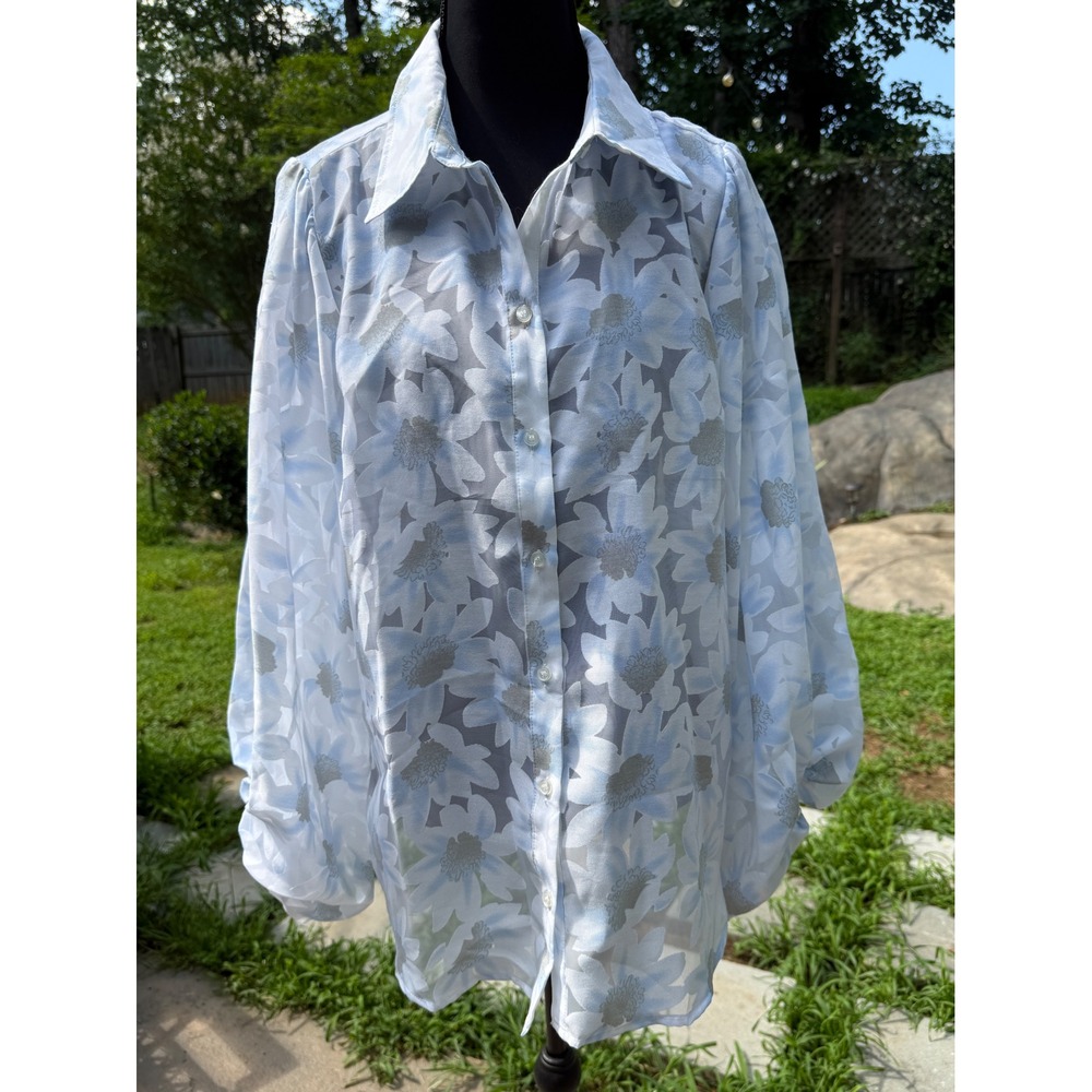 Boston Proper Blue Floral Burnout Button Down Blouse Sheer Long Sleeve Large